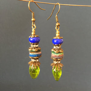 Green Glass Blossom with Blue bead and Brown Fiber Bead