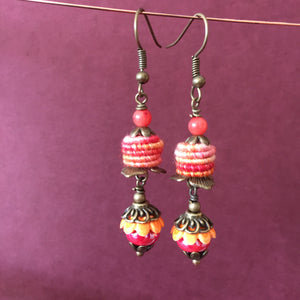 Orange and Red Fiber Bead Orange and Red Ceramic Dangle