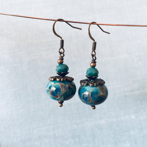 Oil Stain Blue Drops with Deep Teal Bead