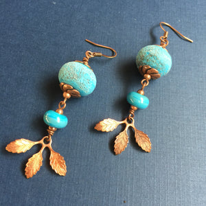 Large Blue Pitted Bead Copper Flower