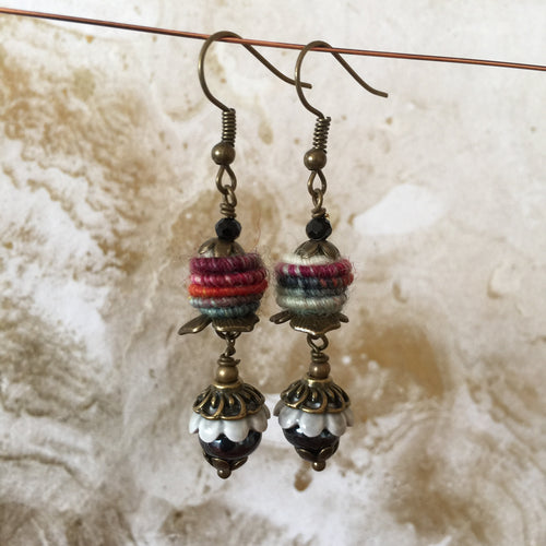 White and Red Fiber Bead Black Ceramic Dangle