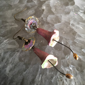 Pink and Gold Ceramic Flower with Clear Pink Disk Bead