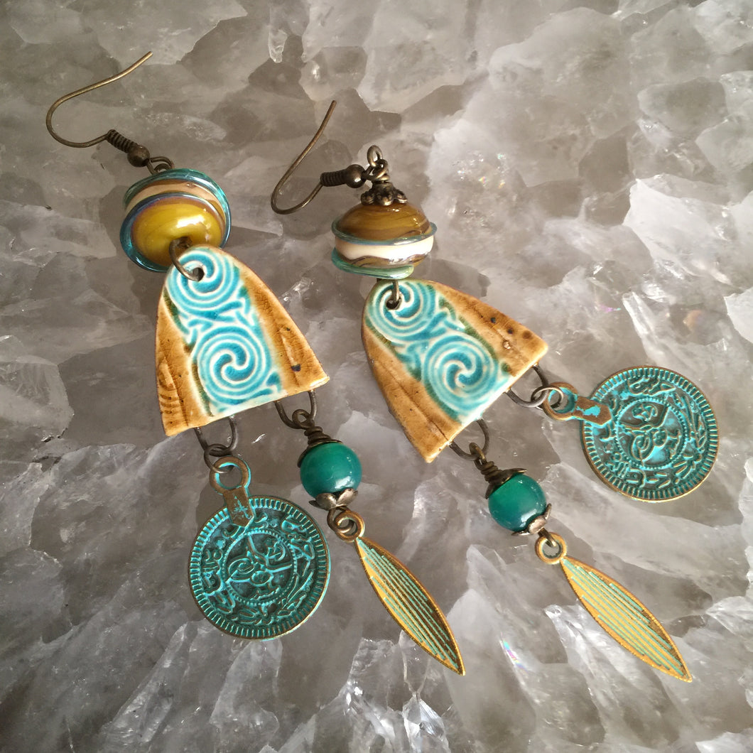 Extra Long Turquoise and Mustard with Metal Dangles Ceramic