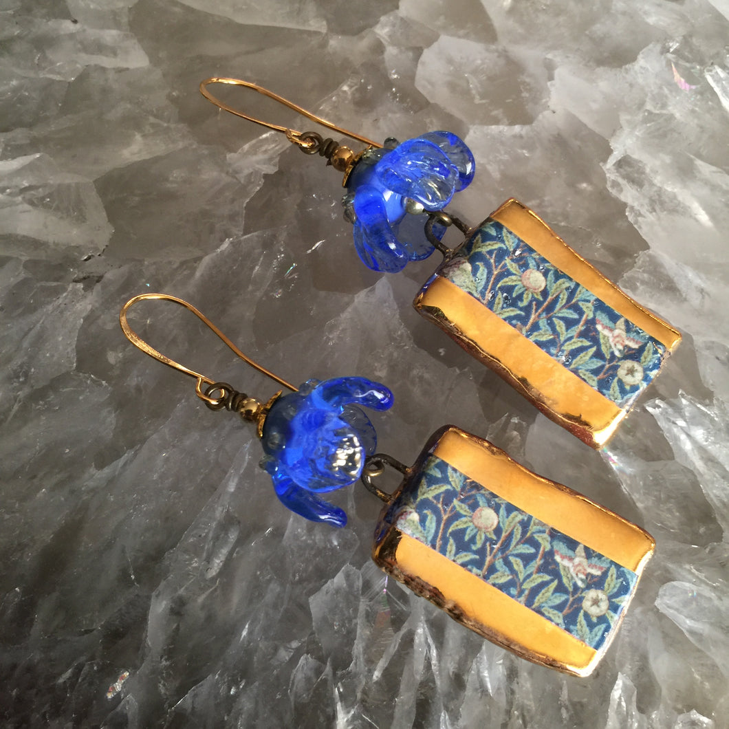 Blue and Gold Ceramic with Lampwork Flower Bead