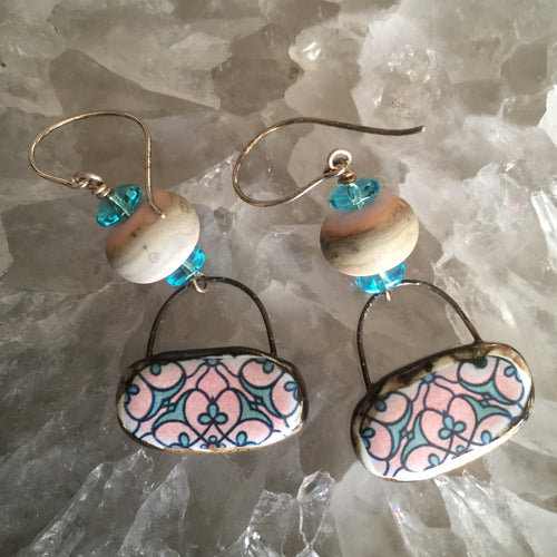 Pink and Blue Ceramic Tile Earrings