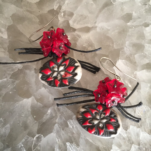 Red and White Ceramic Flowers with Red Glass Flower Beads and String