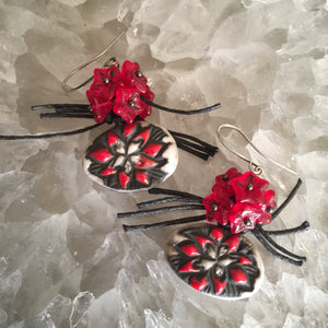 Red and White Ceramic Flowers with Red Glass Flower Beads and String