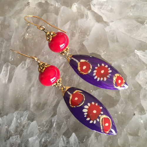 Purple, Red, and Gold Enamel Earrings