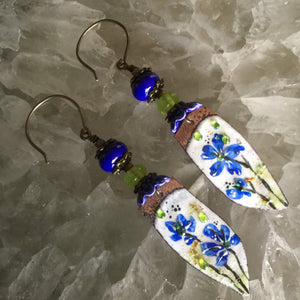 Blue Flowers on White Enamel with Green and Blue Beads