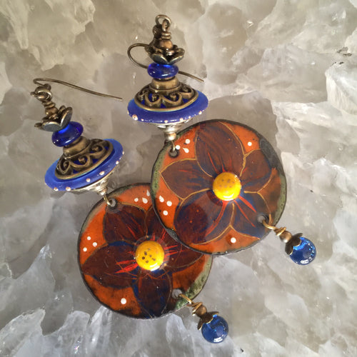 Large Orange and Blue with Large Blue Disk Bead Enamel