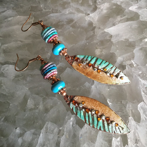 Extra Long Brown and turquoise with Fiber Beads