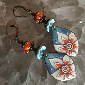 Blue and Orange Bright Flowers Enamel Orange Beads