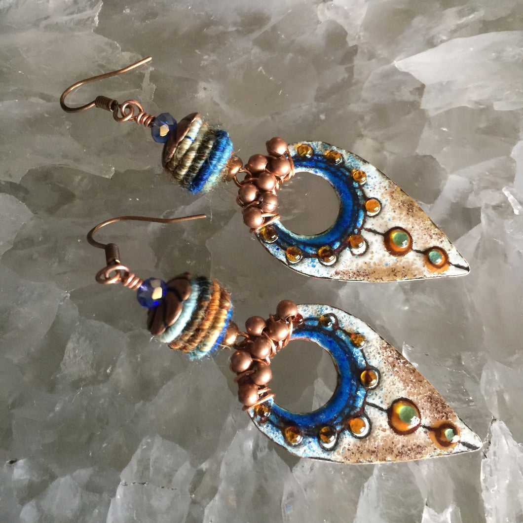 Blue and Brown Enamel with Bronze Beads and Fiber Bead