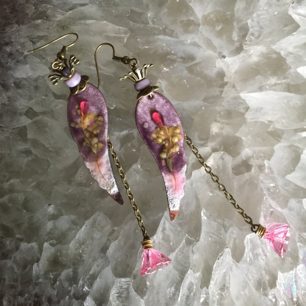 Long Purple and Pink Enamel Feathers with Flower Dangle