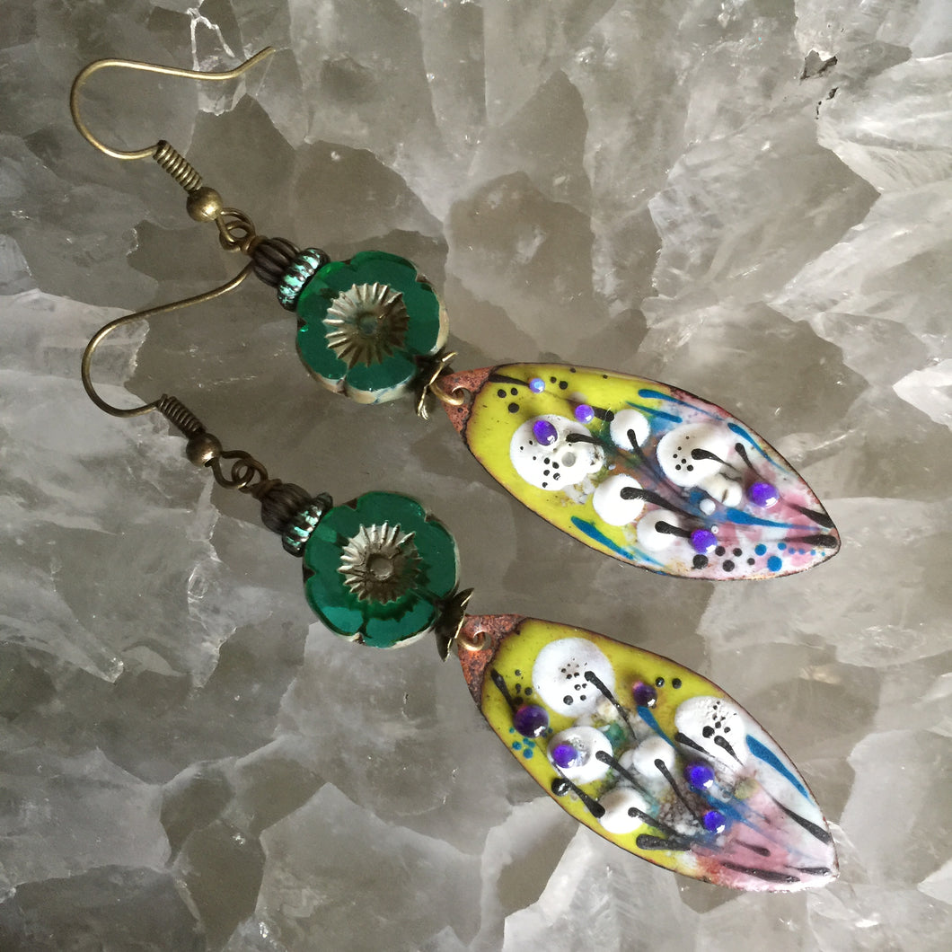 Long Almond Bright Green with Purple Dots and Flower Bead Enamel