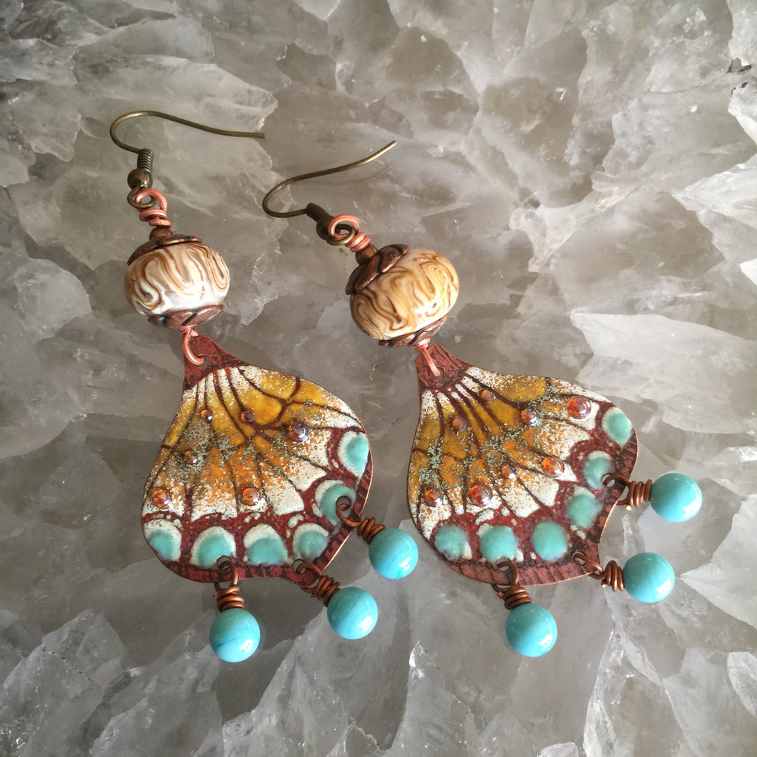 Enamel Butterfly Wing in Burnt Honey and Turquoise