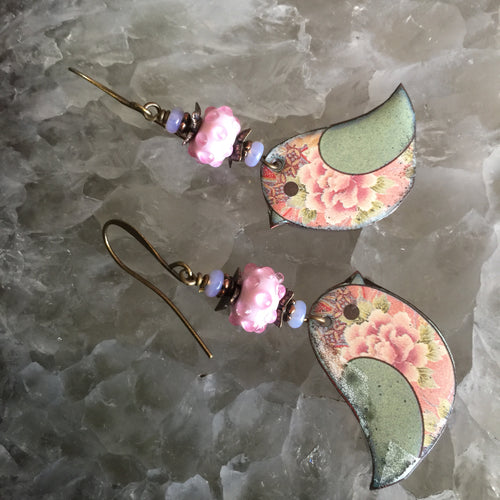 Flowered Bird in Pink Enamel