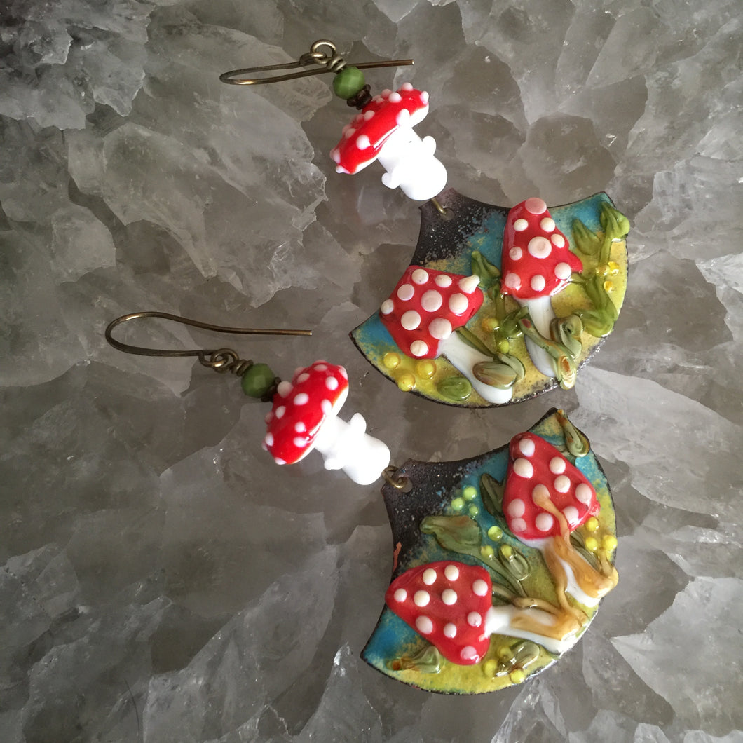 Twin Mushrooms in Red Enamel