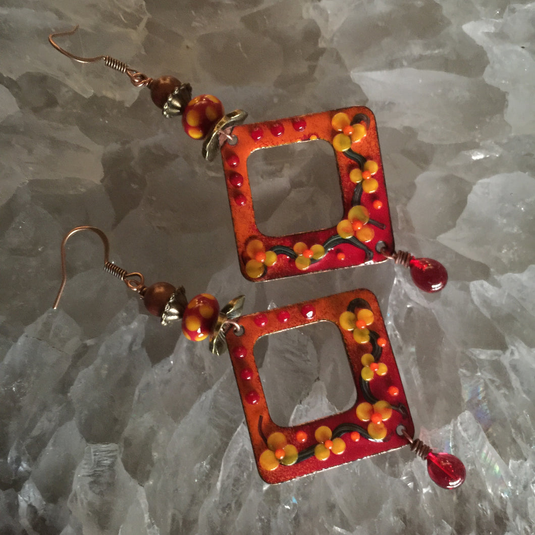 Textured Flowers On Square with Orange and Red Enamel