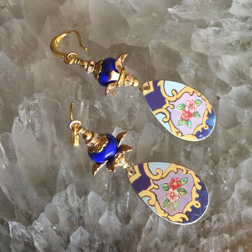 Cobalt, Light Blue, and Pink Tin Tear Drops with Brass Flower Cap