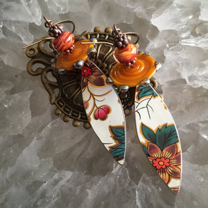 Large Mustard Disk Beads Brown Flowers on White Tin