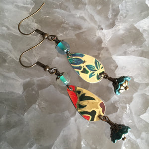 Tear Drops Tin with Ceramic Flower Dangles in Deep Teal