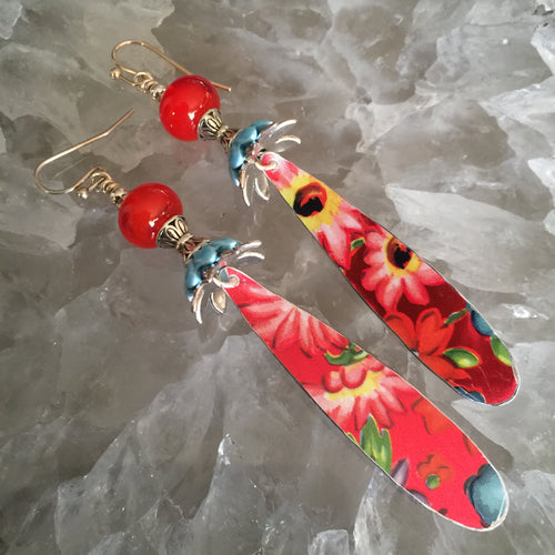 Long Red Floral Tin Drops with Bright Orange Red Bead