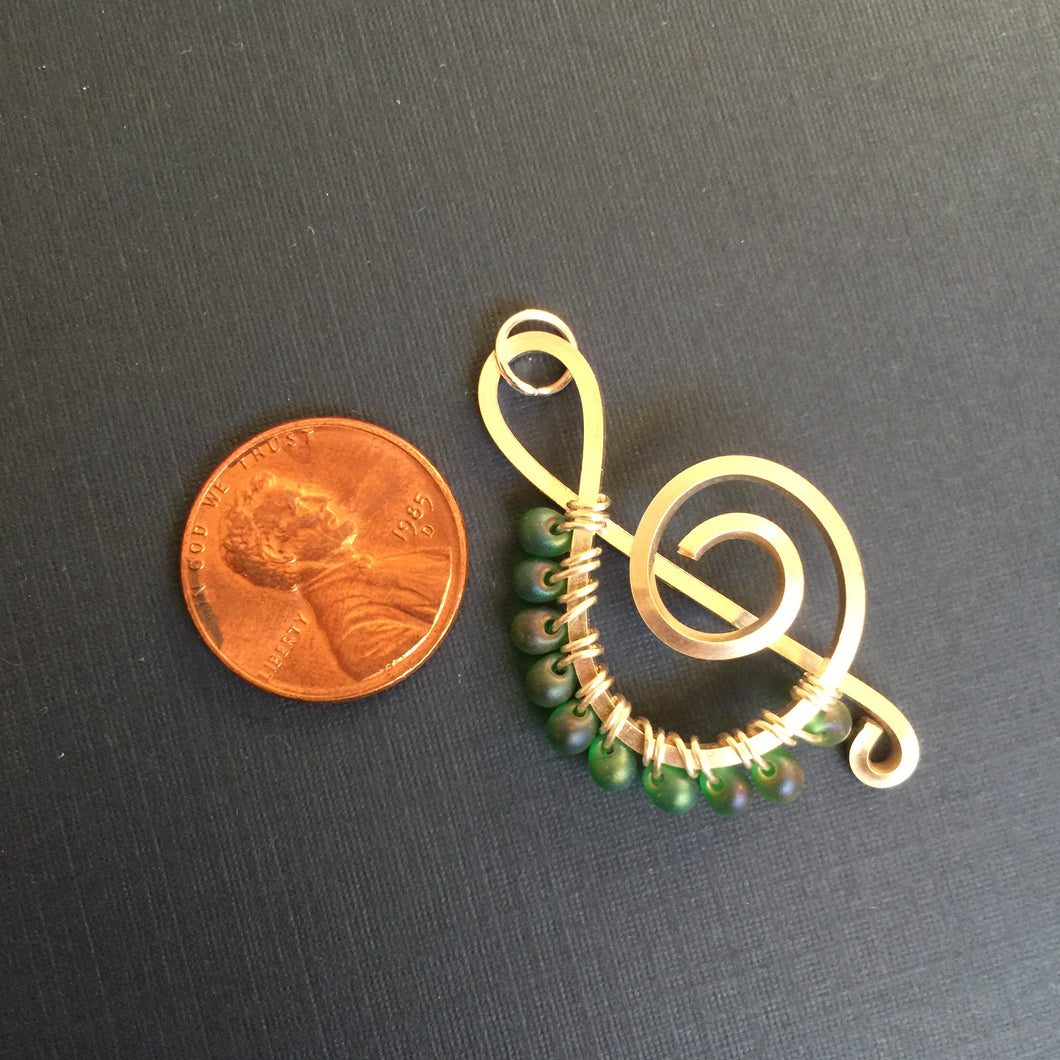 Silver Music Charm with Dropped Green Seed Beads