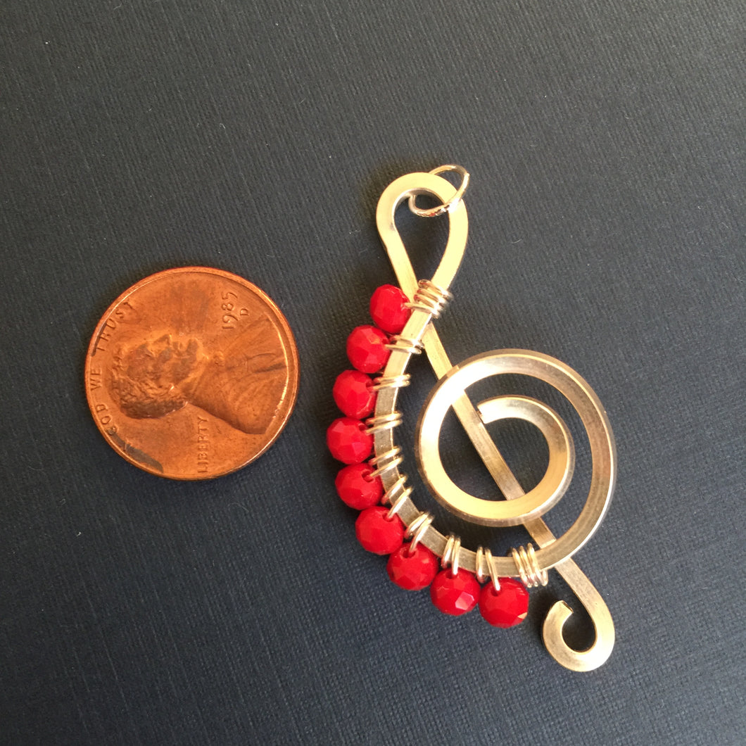 Silver Music Charm with Bright Red Faceted Beads