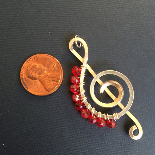 Silver Music Charm with Clear Red Faceted Beads