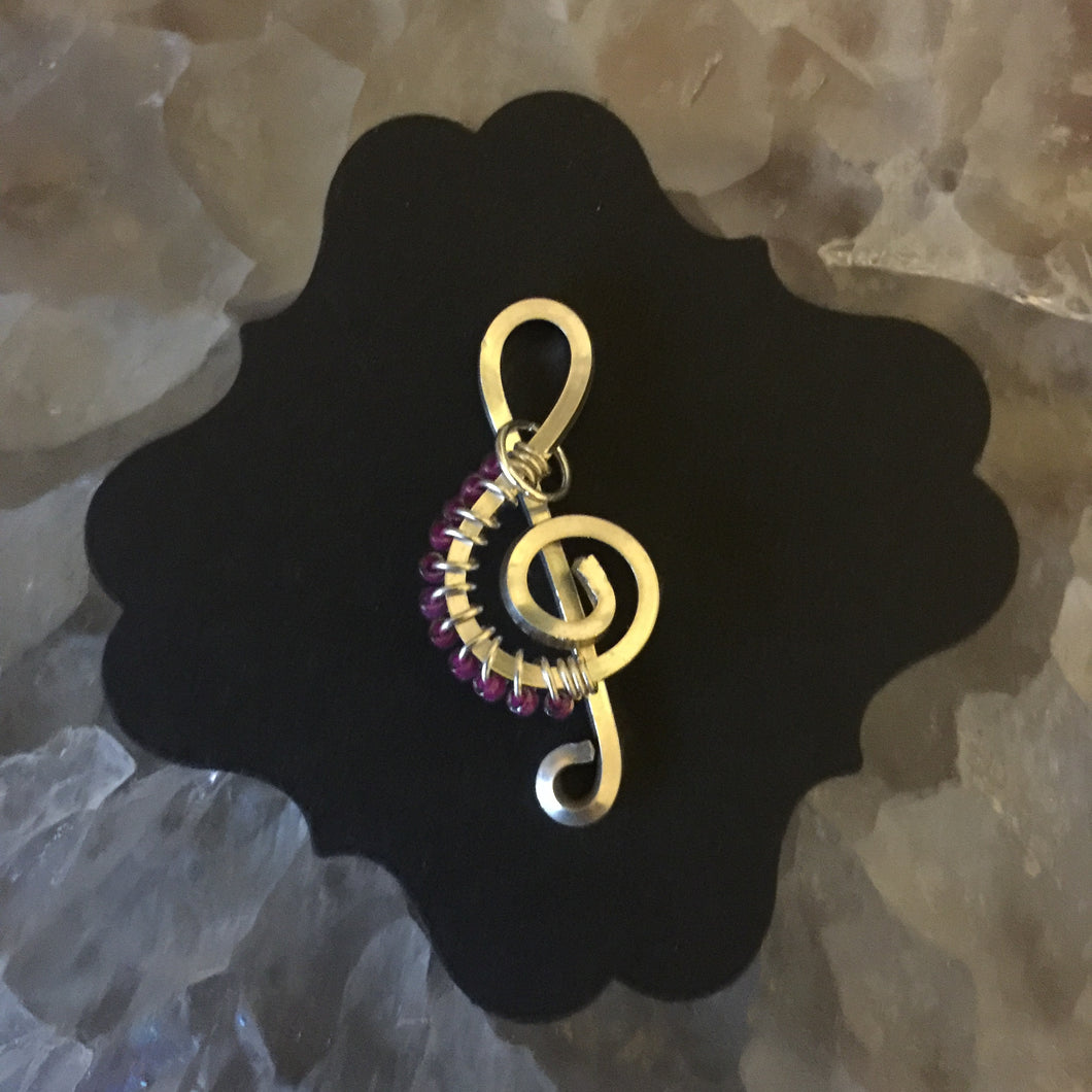 Silver Music Charm with Clear Bright Purple Beads